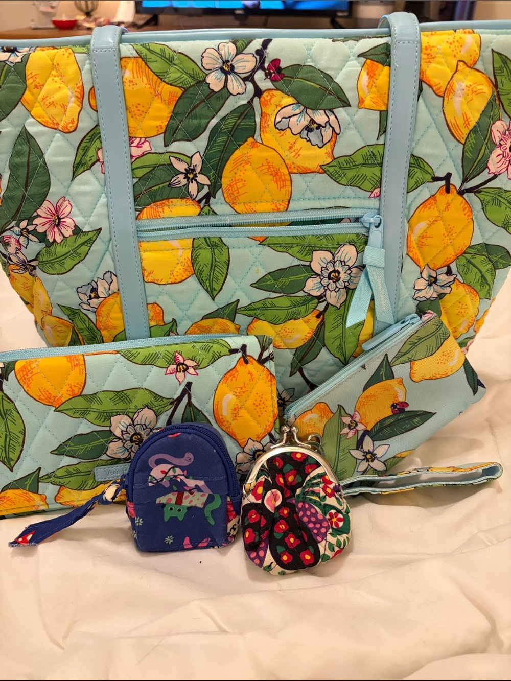 Vera Bradley Lemon Print Quilted Tote with Light Blue Trim